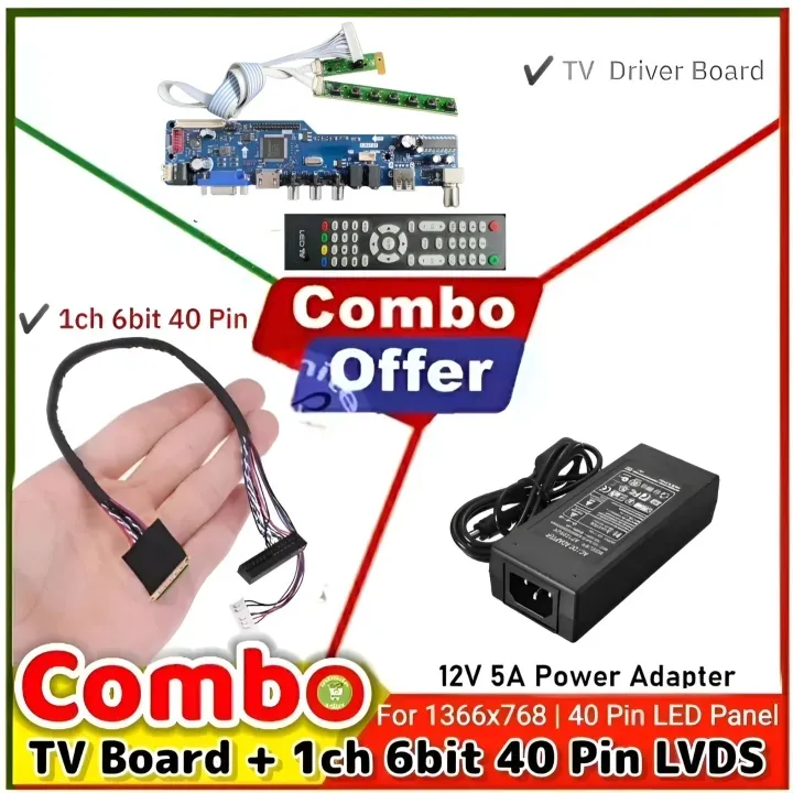 Laptop Display Driver 25mm 40 Pin LED Display VGA USB HDMI Input 12V Supply TV Monitor Combo Pack